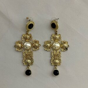 Ornate Gold and Black Cross Earrings